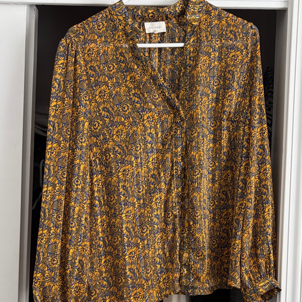 MELLODAY Mustard and Navy Sheer Floral Blouse